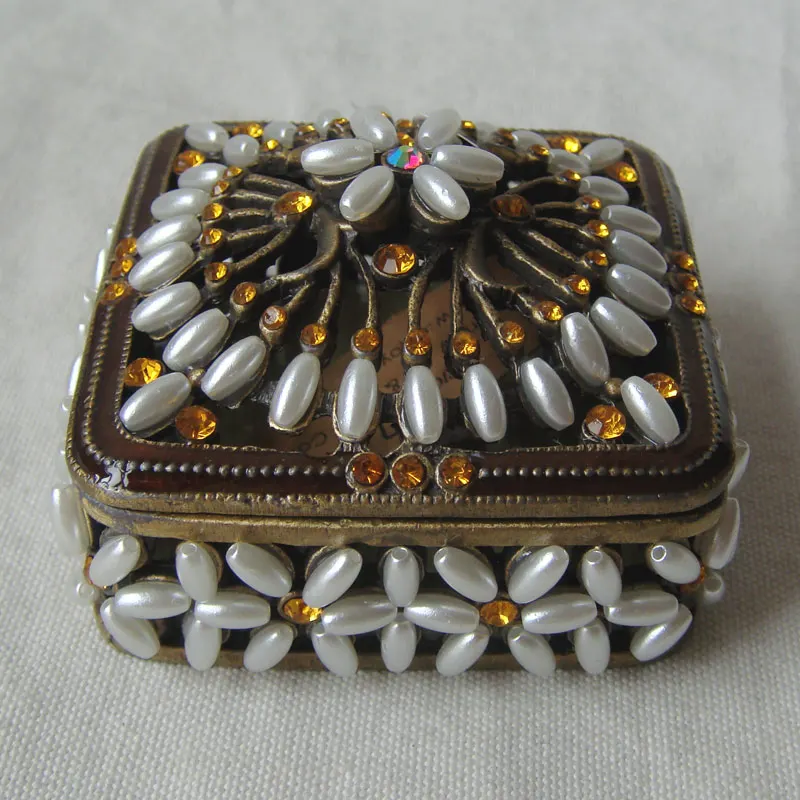 Square Bronze White Pearls Beaded Zinc Alloy Metal Jewelry Trinket Box(#P05409a2)