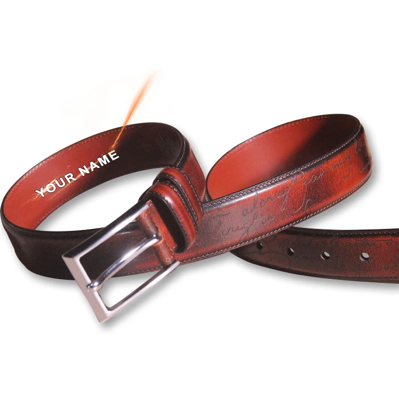 Free Engraving Customised Logo Belt Buckle Italian Genuine Cow Leather Unisex Handmade Retro Fashion Mens Belt