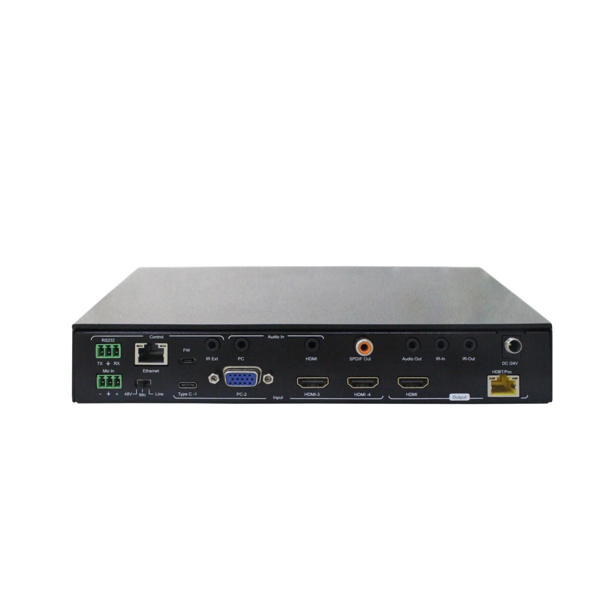 Foxun SX-SWE01B Mixed input Type-C VGA HDMI 4k 70m HDBaseT switch Support Analog audio embedded, Mic input HDR 18Gbps
