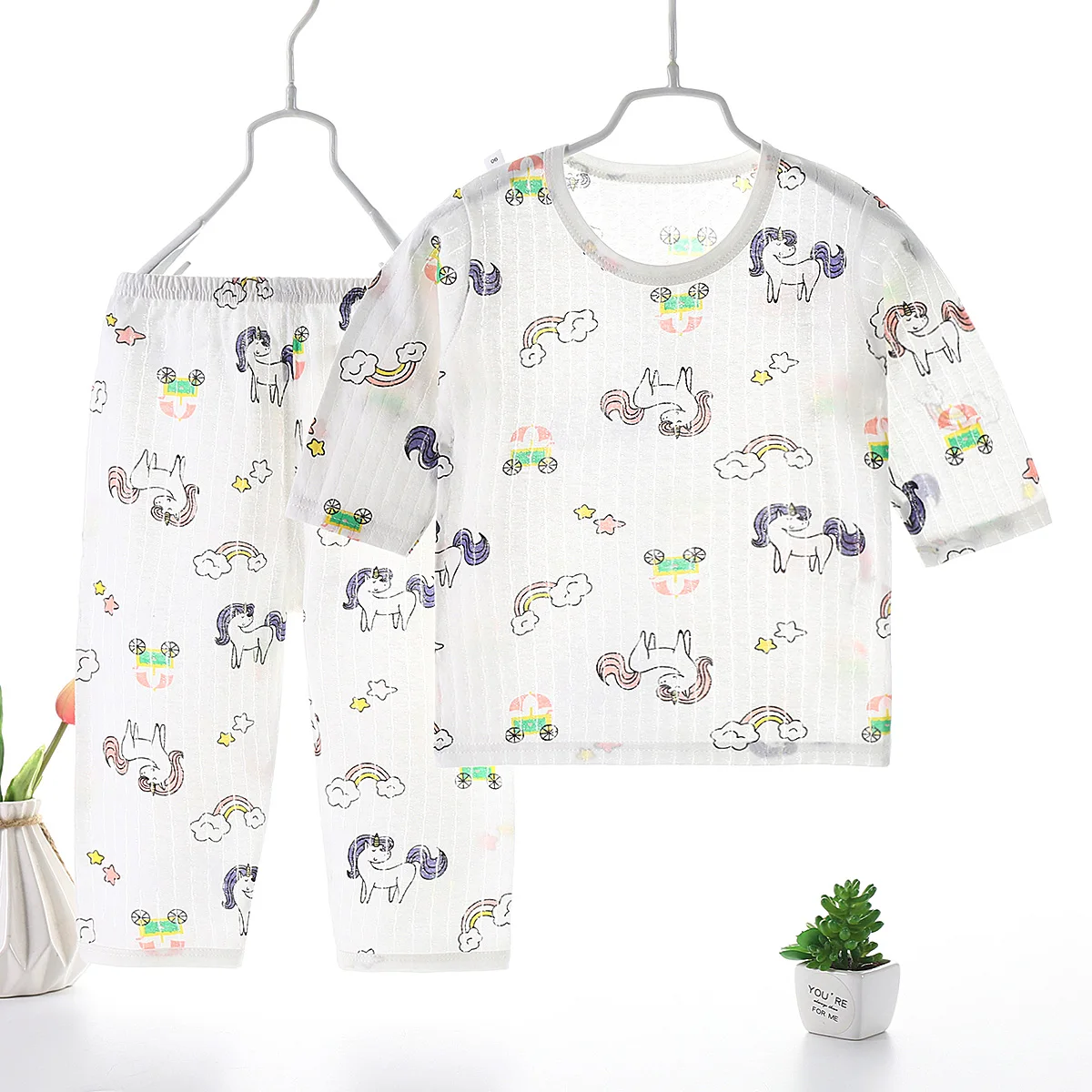 
Air-conditioned 2-10 Years Kids Sleepwear Girls Boys Cute Cartoon Print Pajamas Summer Cotton Pijama 2pcs Short-sleeved set 