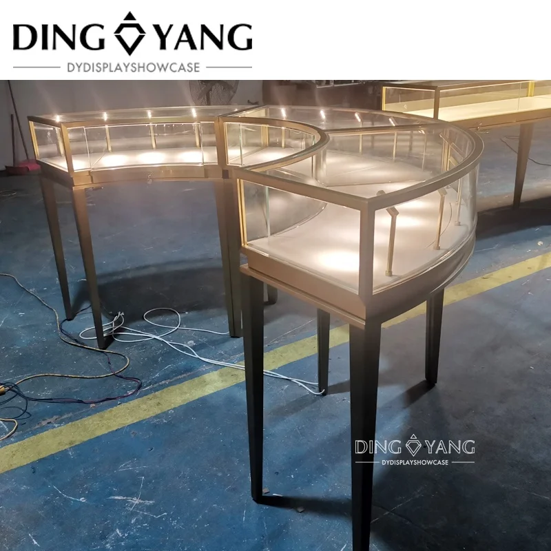 Factory Custom Made Luxury Hairline Golden Jewellery Display Showcase,Luxury Jewellery Showcase For Sale