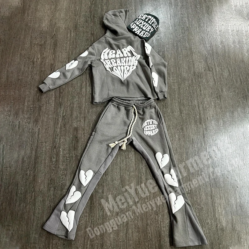 Custom Hoodies Pullover Copped Sweatsuit Acid Wash Hoodie 3d Puff Print Jogging Tracksuits Set Flared Sweatpants And Hoodie Sets