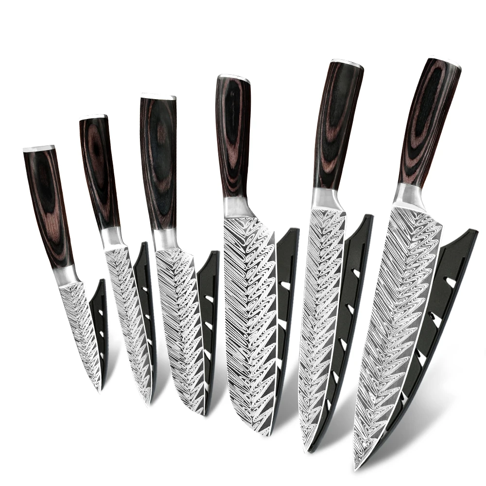Бесплатная доставка, 6 шт., набор кухонных ножей, деревянная ручка pakka 1,4116, немецкий стальной нож, кухонные ножи из нержавеющей стали с крышкой для ножа