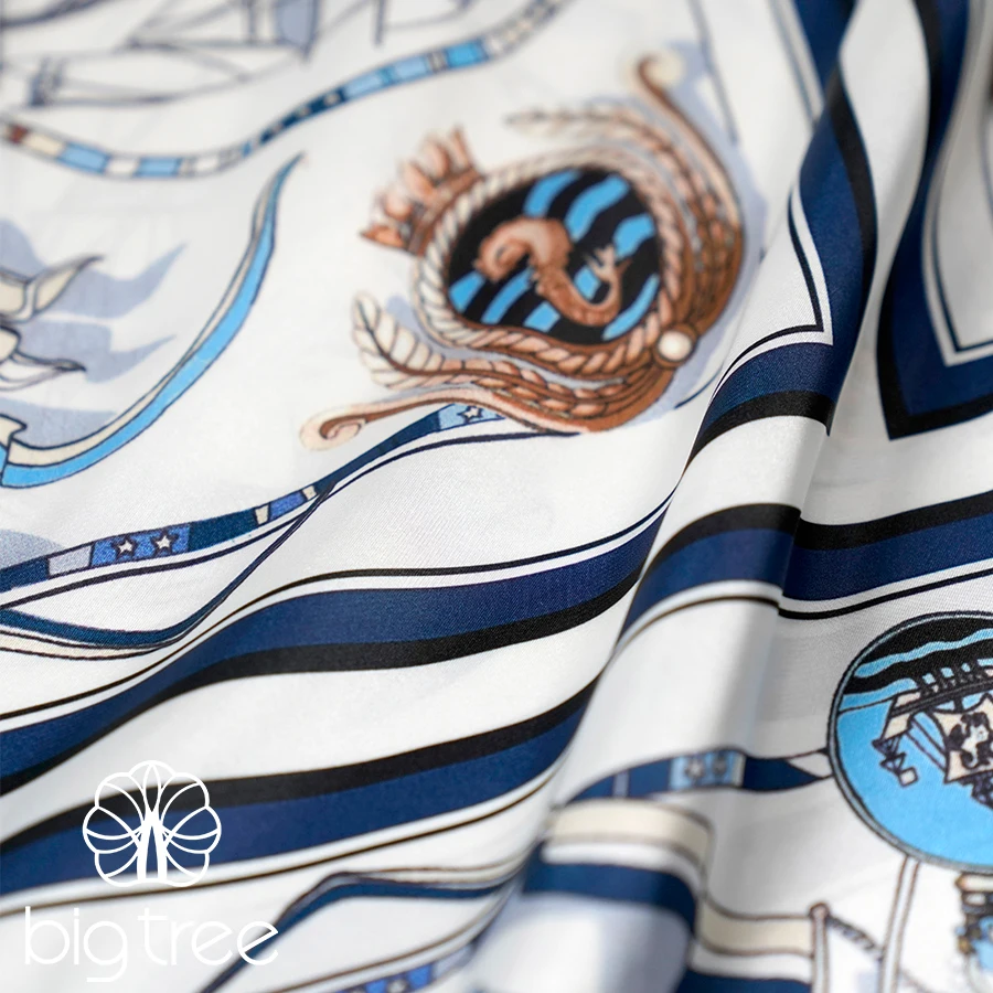 Low MOQ Custom Nautical Digital Print Smooth and Soft Polyester Spandex Satin Fabric for Scarf Dress Shirt