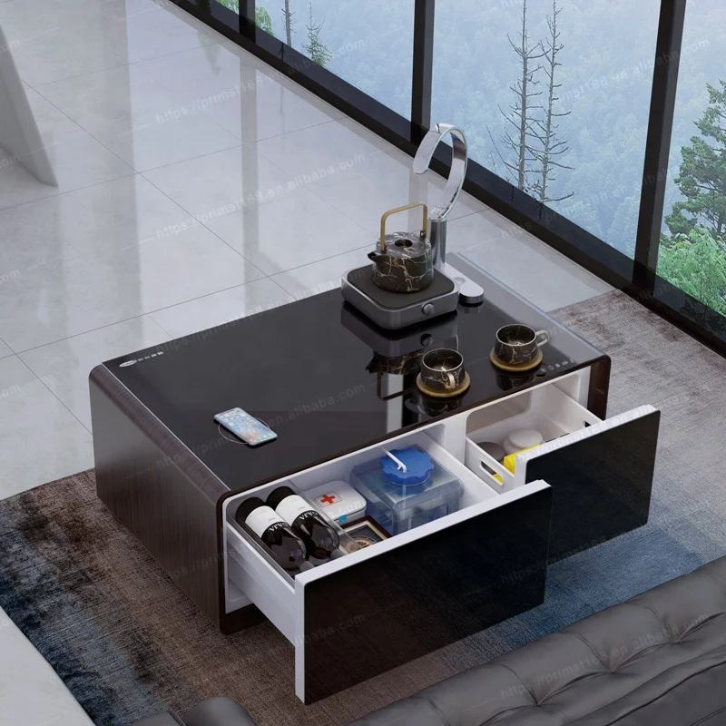 Multifunctional Luxury Smart Coffee Side Table Refrigerator Tempered Glass Top Black Tables Living Room Furniture