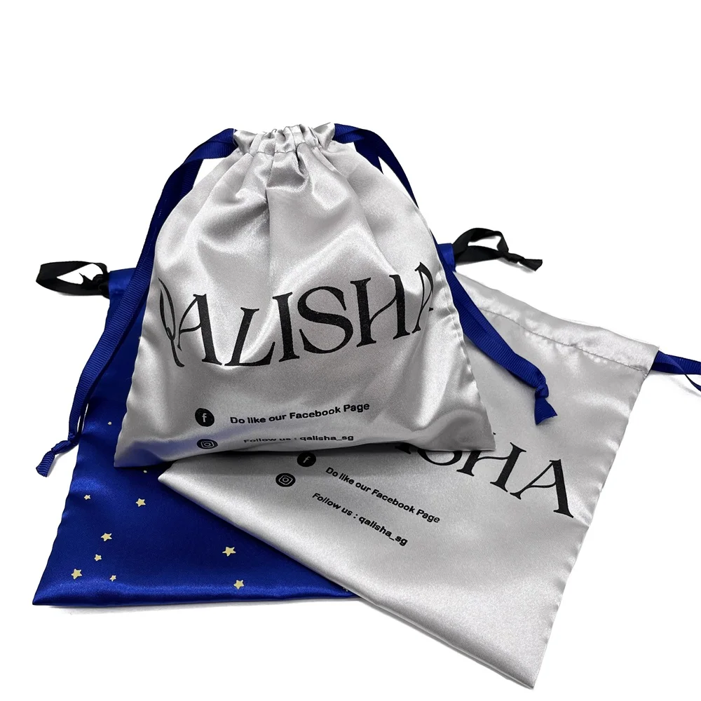 Factory Custom Printed Satin Dust Pouch Gift Packaging Hair Wig Large Silk Bag Satin Drawstring Bag Custom Satin Bags With Logo