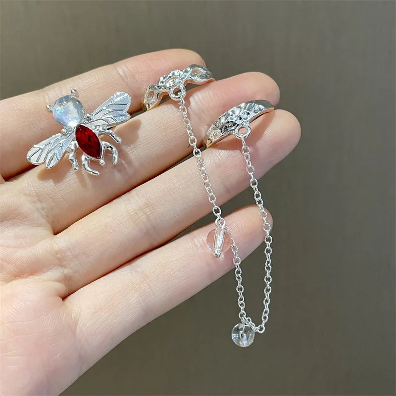 JUHU 2022 Cute Two-piece combination niche design small bee shape open ring simple pearl tassel alloy tide ring