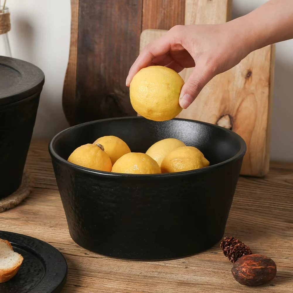 3500 ml 10 inch Stackable Glaze Black Ceramic Large Salad Bowl with Lid Fruit Bowl for Kitchen