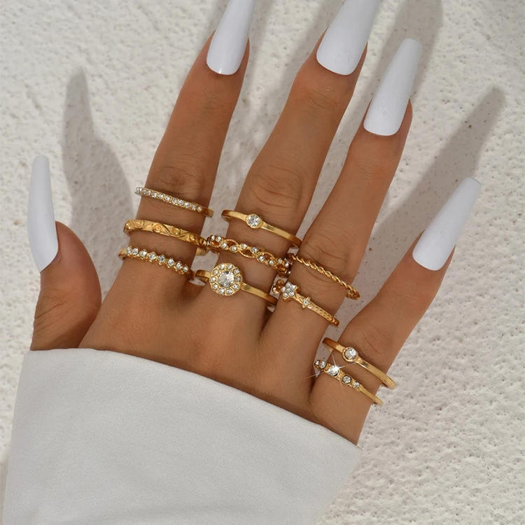 Simple Wholesale Combination Set Ring Fashion Personality Star Heart Crown Flower Rhinestone Ring Women