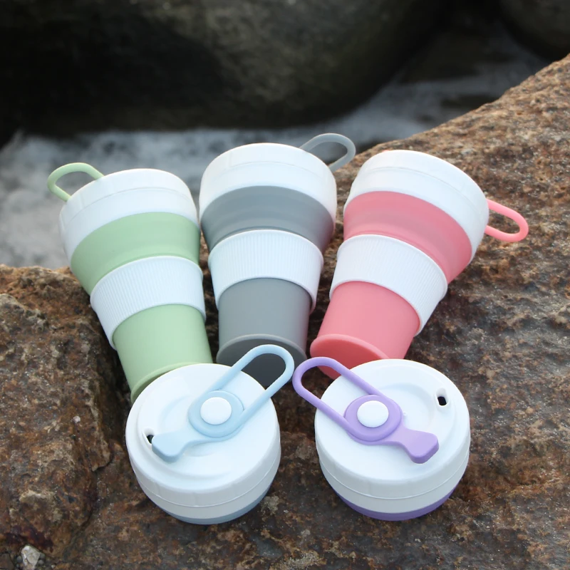 Eco-Friendly 450ML 15oz Silicone Travel Camping Folding Up Silicone Water Coffee Cup Training Sports Mug With Lids