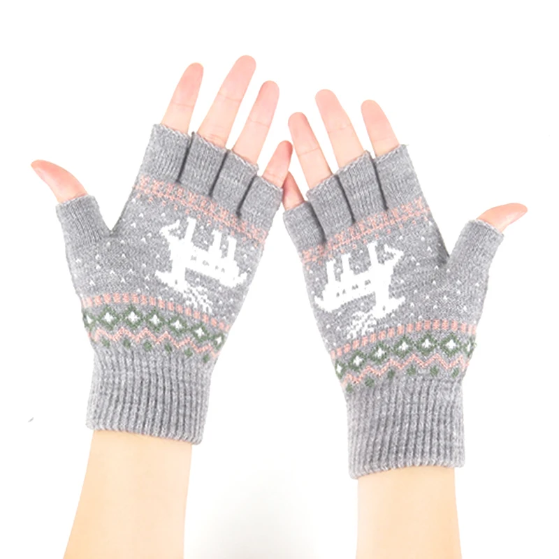 2021 Women Print knitted soft warm half finger wool winter warm  gloves