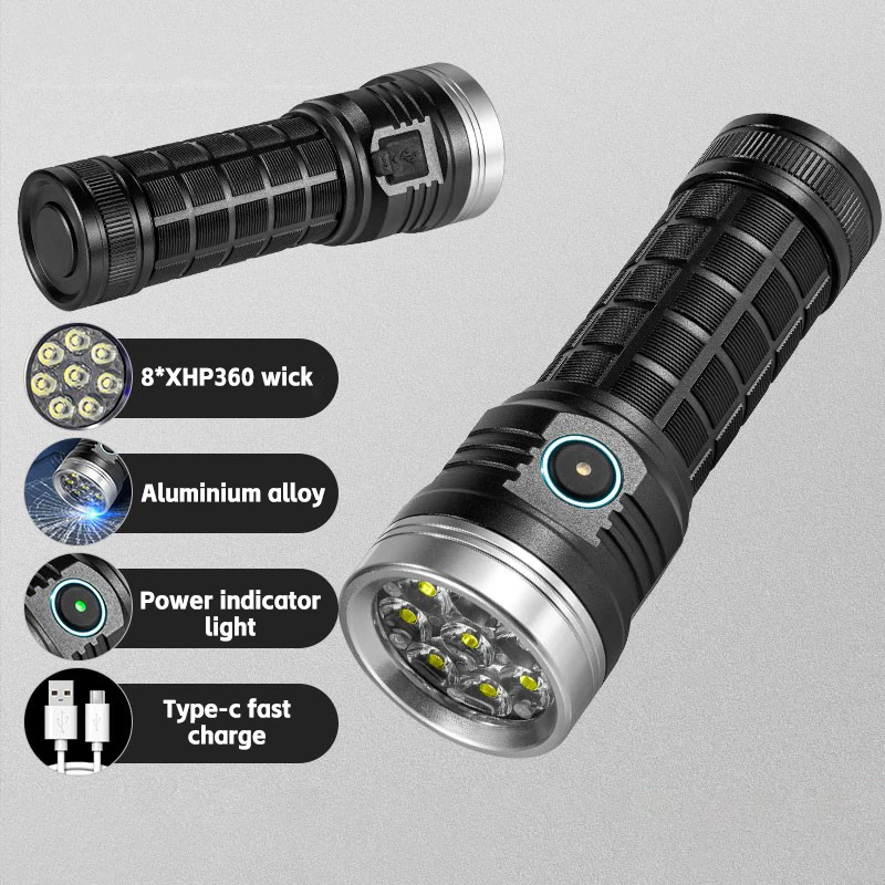 Type-C Charging Long Range Strong Light Flashlight 8 Light Lithium Battery Ultra Bright Outdoor LED Flashlight