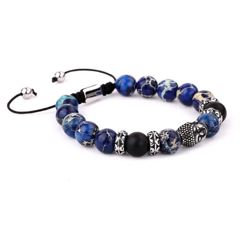 New Design Stainless Steel Buddha Charm Sediment Jasper Stone Beads Men Macrame Adjustable Bracelet Men