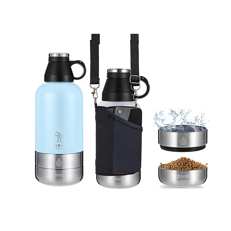 Everich hot selling Pet Outdoor Dog Feeder 32oz Double Wall Vacuum Stainless Steel Travel Water Bottle With Food Storage bowl