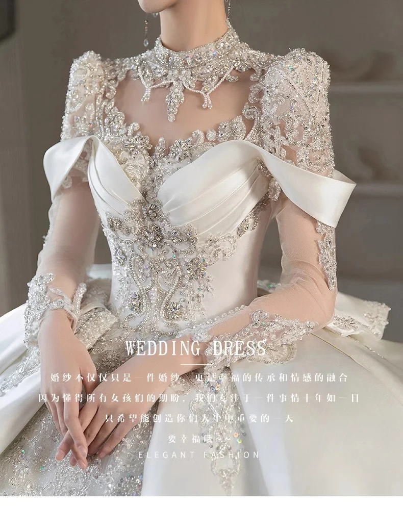 High-end wedding dress 2024 new bride main yarn high-grade French satin heavy wedding dress long sleeve