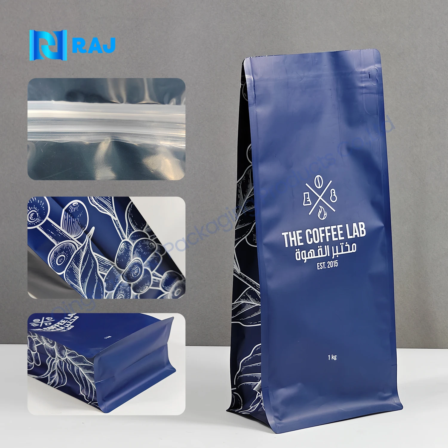 Matte PET12/AL7/PE120 1kg coffee bag package zipper stand pouch flat bottom bag for coffee whole bean and ground