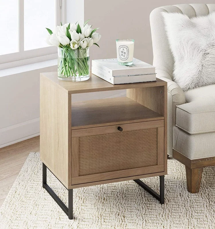 amazon hot sales customized wholesale rustic farmhouse wood and rattan side end table for living room