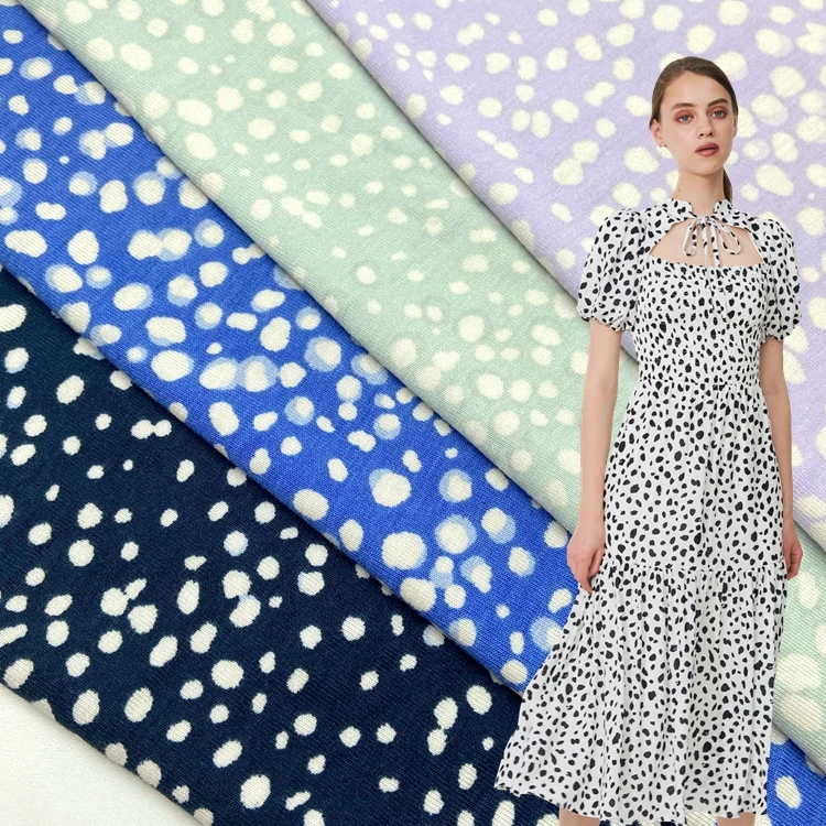 Customized soft 95% rayon 5% spandex vortex knitted dot printed viscose single jersey fabric for dress