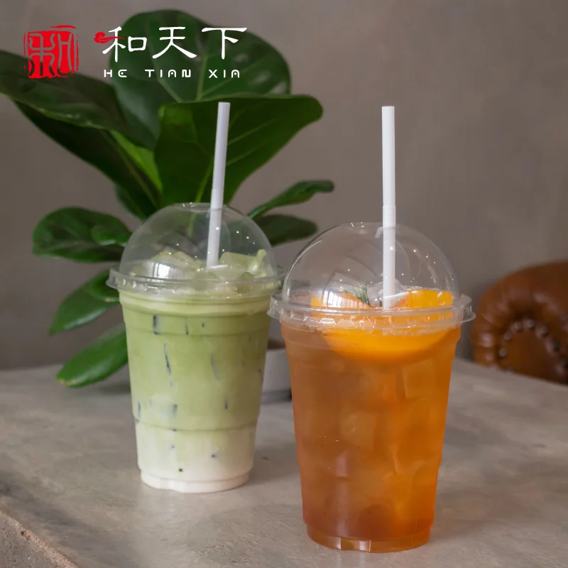 Custom Logo Disposable Plastic Cup With Flat Lid Cold Drink Cafe Cup Plastic