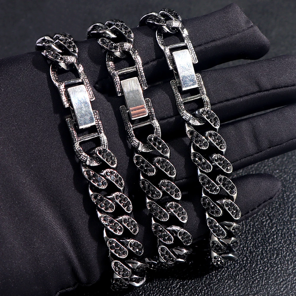 Fashion Hip Hop Black Diamond Iced Out Jewelry Bling Bling Crystal Rhinestones Miami Cuban Link Chain Bracelet For Men Women