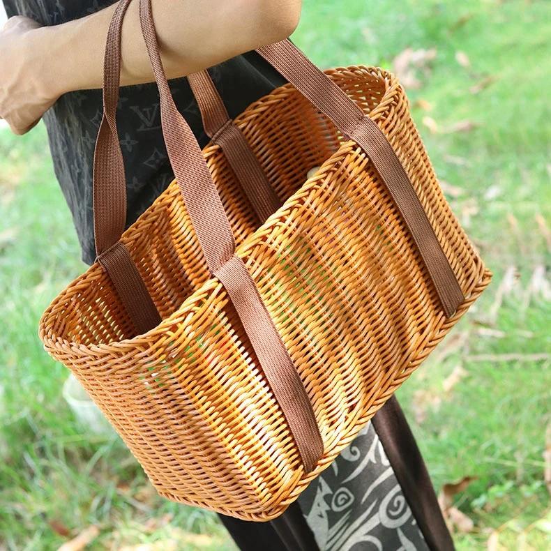 FSP348 многоцелевая плетеная пластиковая корзина для хранения из ротанга покупок кемпинга пикника с ручкой