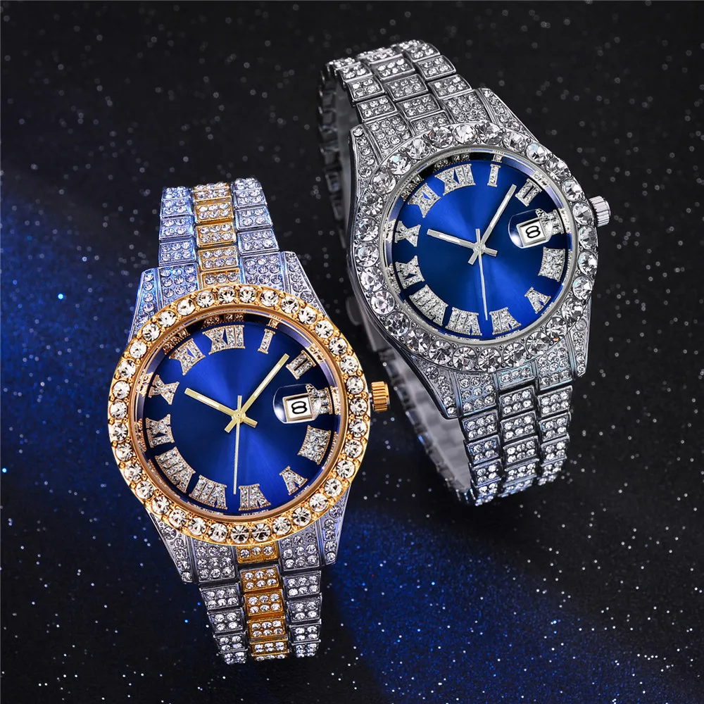 New Hip Hop Roman Numeral Watch Full Diamond Gold Plated Wrist Men Crystal Luxury Quartz Watches