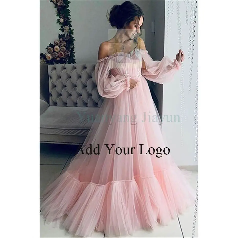 Sleeves Two Color Pink/Blue Off Shoulder Tulle Evening Dresses in Istanbul