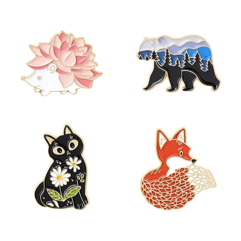 Forest Garden Enamel Pin Custom Fox Cat Bear Hedgehog Brooches Bag Lapel Pin Cartoon Animal Badge Jewelry Gift for Kids Friends