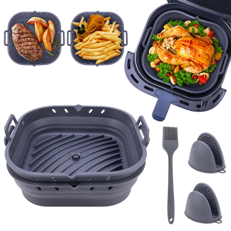 Top Seller Non-stick Foldable Square Reusable Baking Pan Set Airfryer Silicone Pot Air Fryer Liners with Silicone Baking Gloves