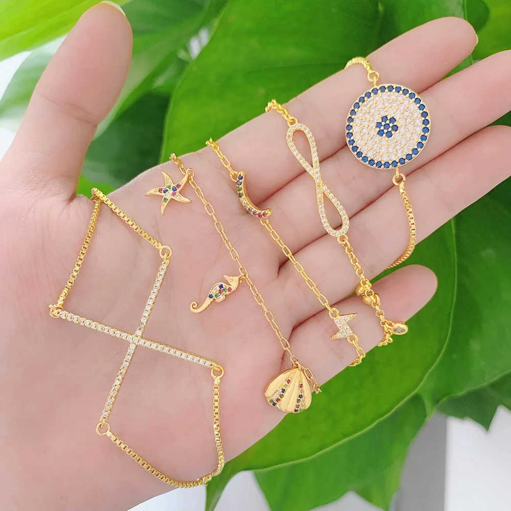 Wholesale Turkish gold plated bracelet iced out diamond Cross shell conch star flash eye Charms bracelet