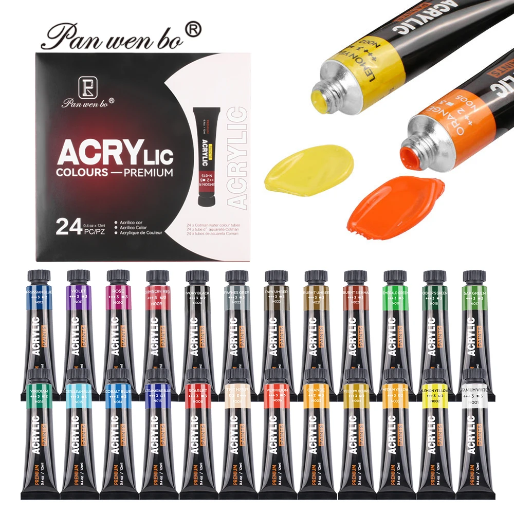 Panwenbo 12ml 24 Colors Acrylic Colour Tube Non Toxic Kids Artists Acrylic Paint Set For Canvas Wood Fabric Ceramic
