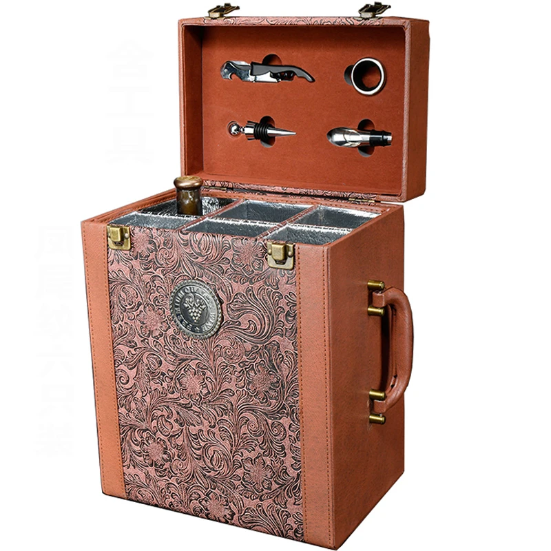 Phoenix tail pattern pu leather gift wine box free sample handmade 6 bottle wine box luxury wine box with bar tool