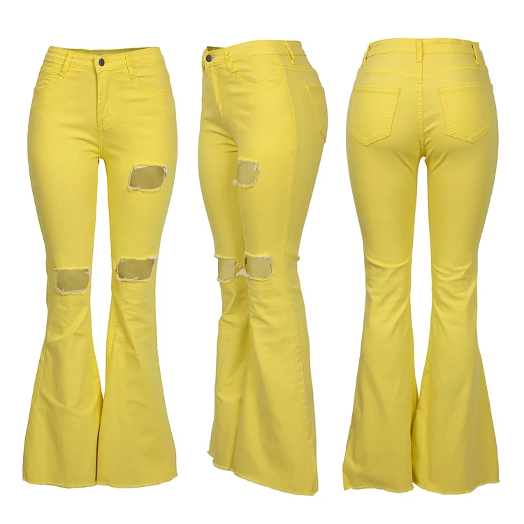 Neyaolk Wholesale Casual Sexy Women Pants High Waist Wash Wide Leg Hole Jeans