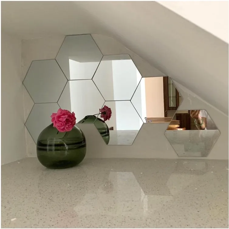 Оптовая продажа большие размеры акриловые зеркальные наклейки самоклеющиеся настенные Настенный декор шестигранная Зеркальная Наклейка