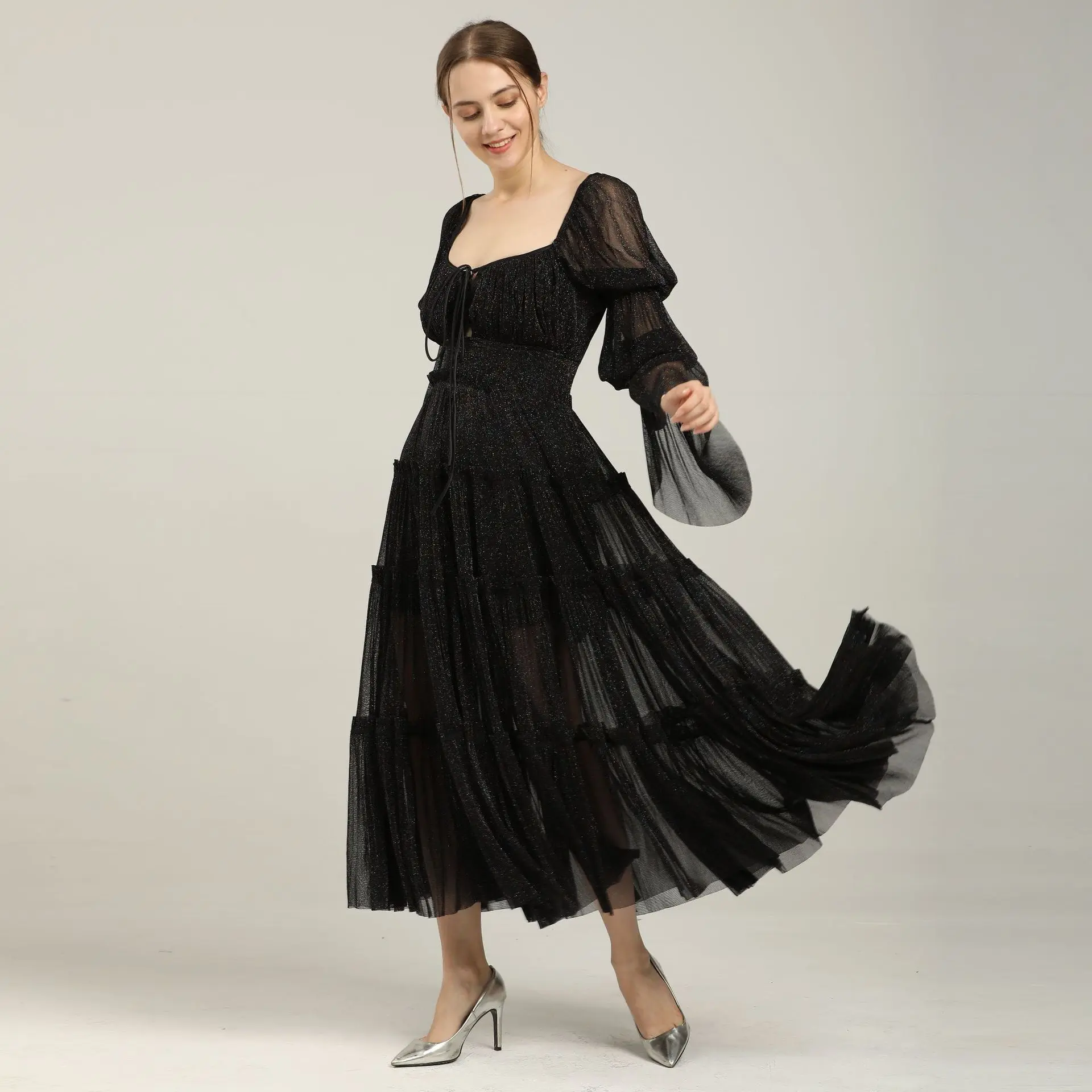 Wholesale 2023 European and American Summer New Dress Sexy Temperament Bunched Pleated Chiffon Slim Fairy Dress