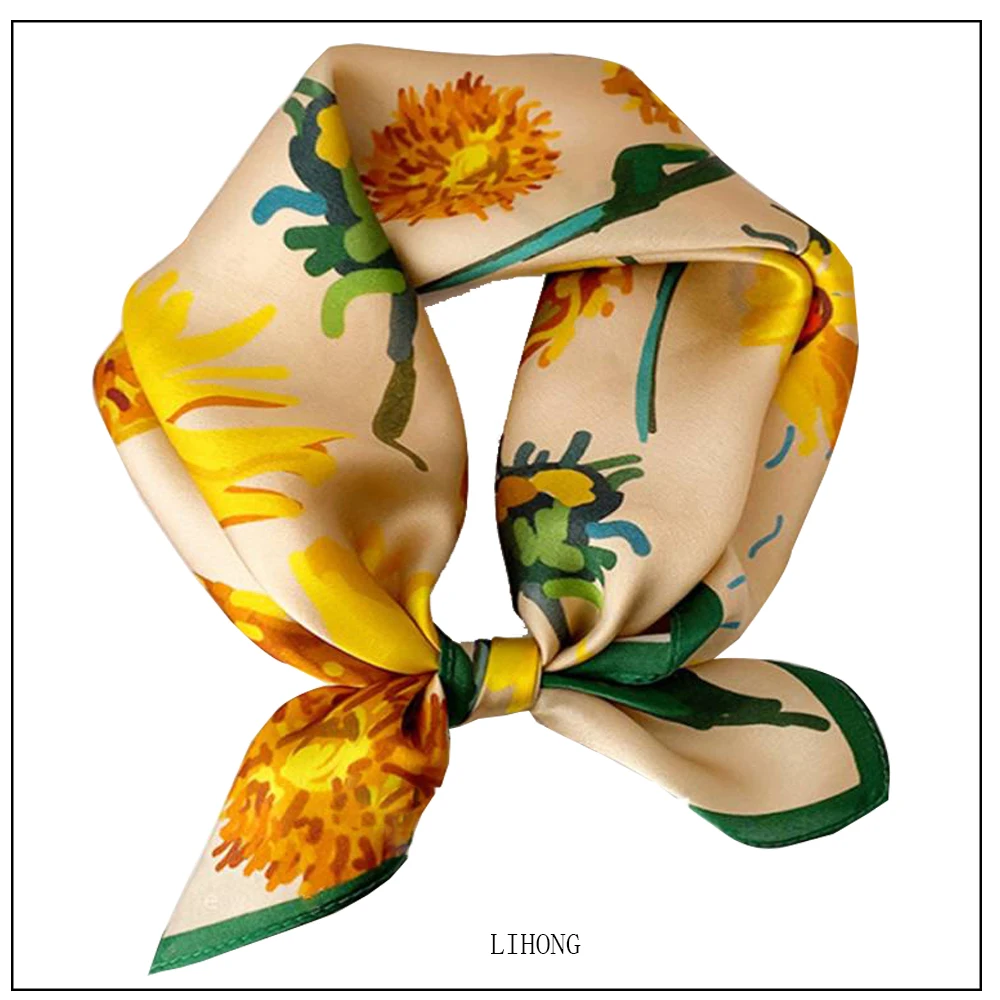 sunflower pattern scarf silk scarves women 70cm square bandana spring autumn hijab 100% real silk scarf shawl  lady