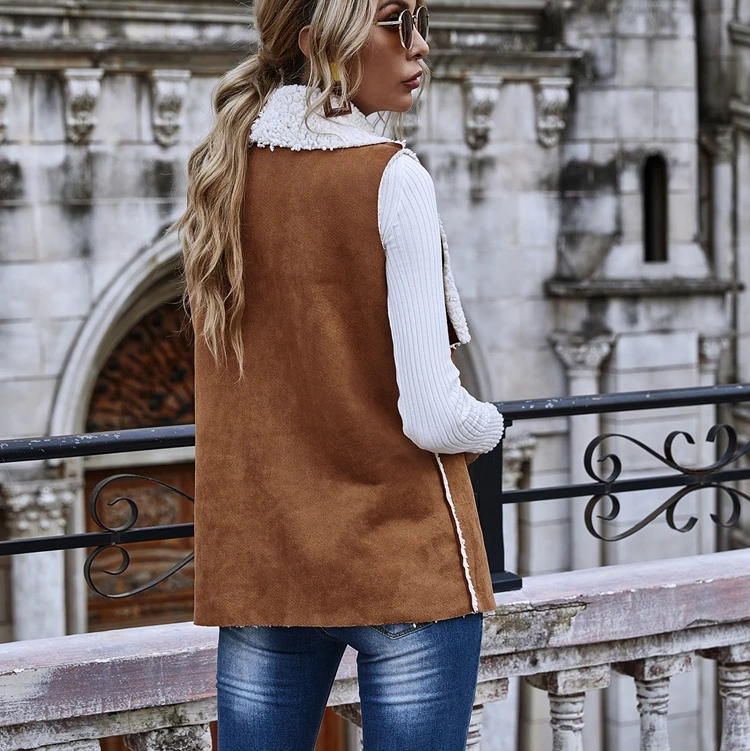 Autumn winter sleeveless reversible large lapel vest jacket women suede fleece vest