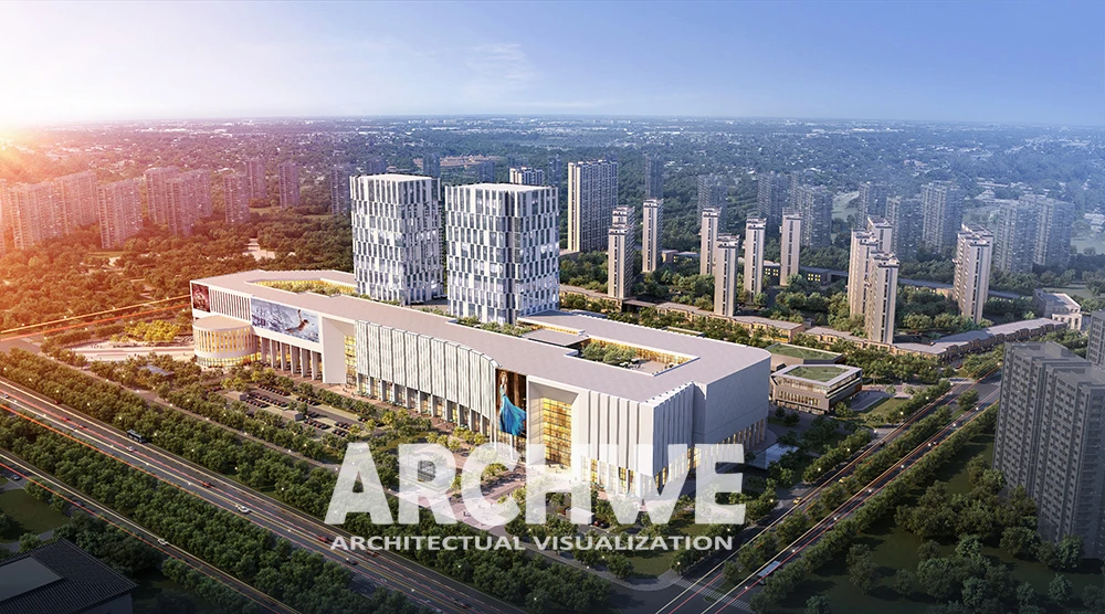 Commercial center in architectural rendering, also eco friendly architecture, office , industrial park,
