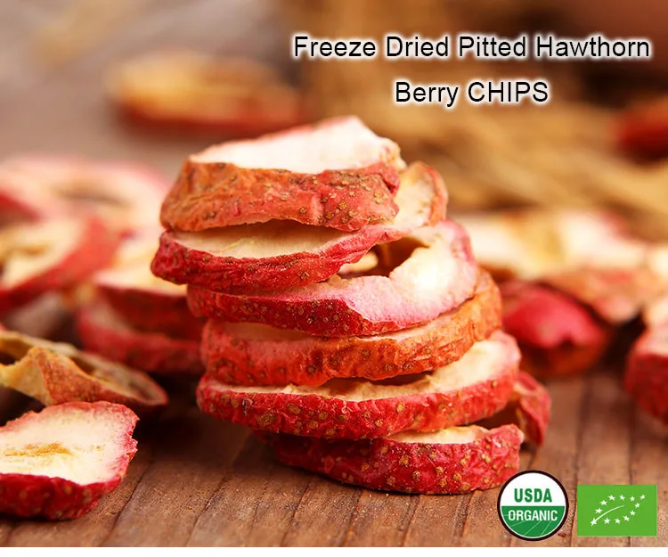 Organic hawthorn berry fruit chips, hot dried fruit chips