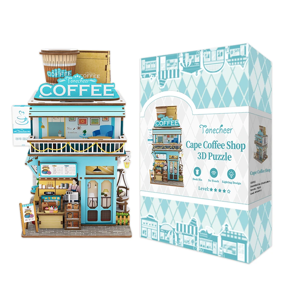 Tonecheer Cape Coffee Shop desk mini trash bin 3D puzzle wood