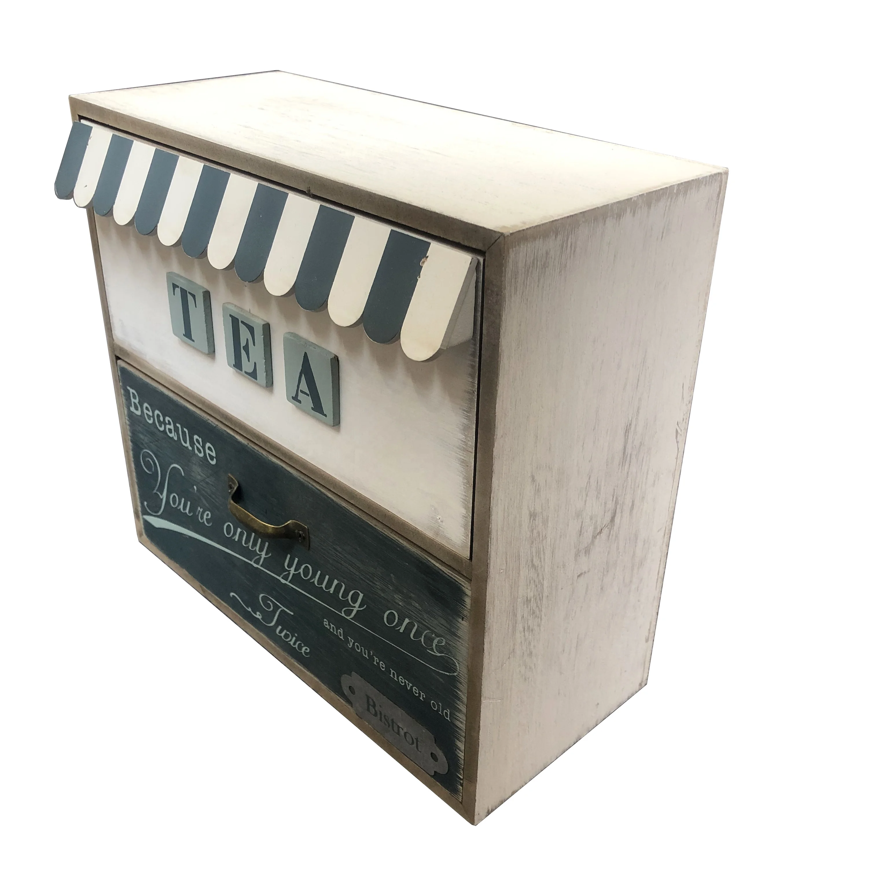 Antique Handmade Home Decoration Packaging MDF Wooden Tea Bag Storage Box With 2 Drawers