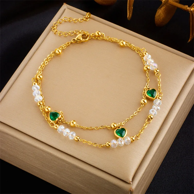 Double Layer Heart Zircon Charms Women Anklet Bracelet Boho Bead Anklets For Women 18k Gold Plated Stainless Steel Anklets