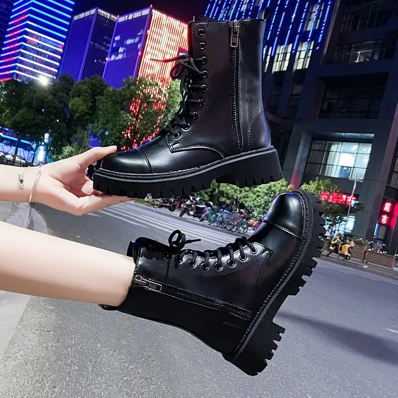 
Factory Custom Logo Women Microfiber Leather Black Platform Boots Autumn Winter Boots For Women 