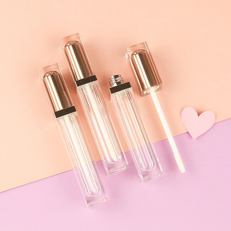 Custom logo acrylic material empty 6ml silver / rose gold long square lip glaze / lipgloss tubes containers with wand