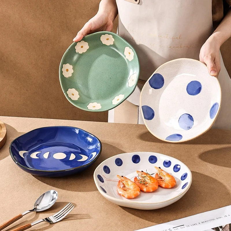 8inch Ceramic Dinner Plate Pottery Clay Salad Mixing Steak Plates and Dishes Food Serving Baking Plate Microwave Oven Safe