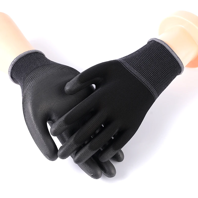 Smooth Pu Palm And Top Pu Coated Gloves Knitted Black Nylon Pu Coated Gloves Work