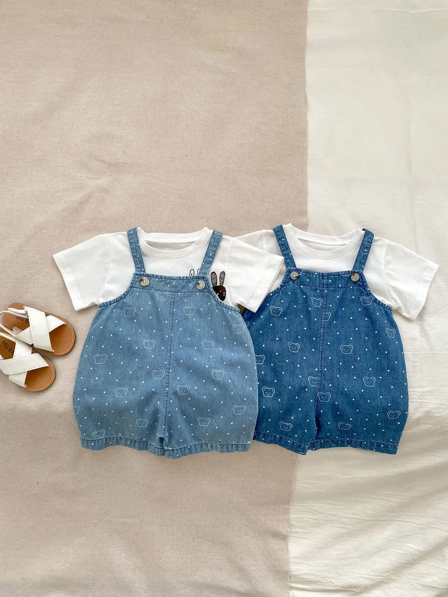 New design summer baby clothes suspender onesie cute bear print baby denim overalls