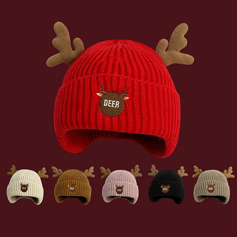 Custom embroidery logo Cute christmas beanies ear flap beanie custom animal antler beanie hats fashion knit cap gorras