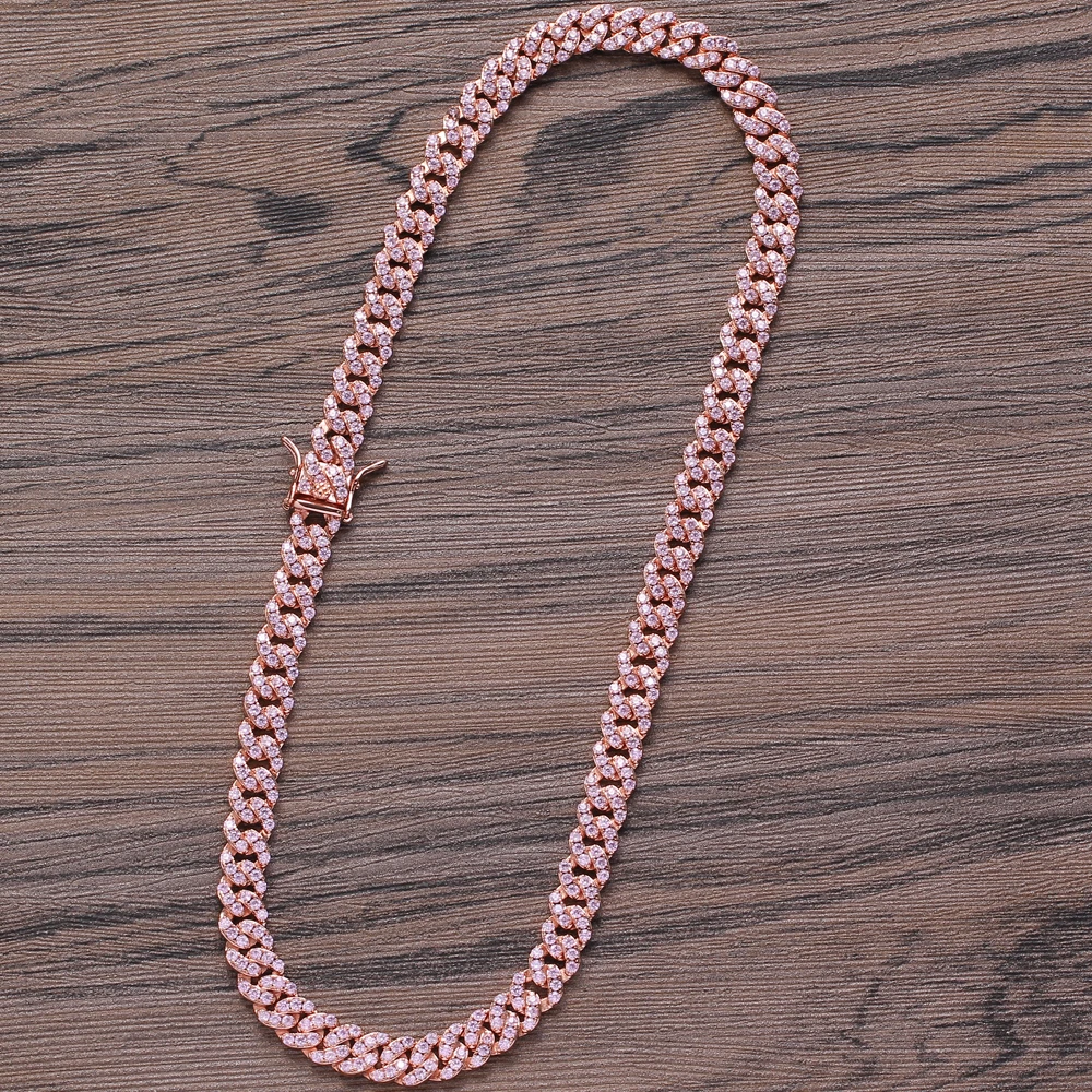 BC003 8mm Brass setting Zircon Cuban link Chain Necklace Hip hop Jewelry Bling CZ Chain Iced Out