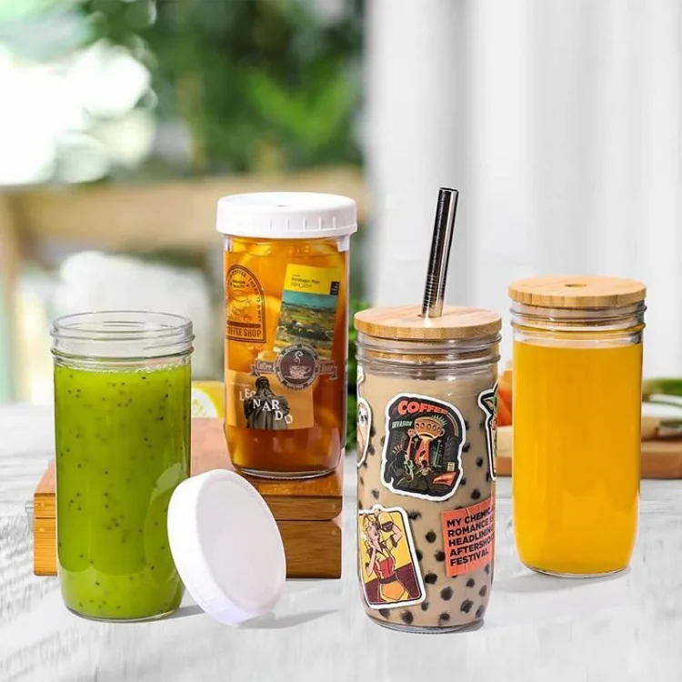 16 oz soda clear can shaped glass beer can bubble tea glass cup with wooden lid and spoon
